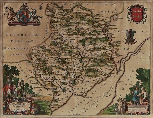BLAEU, Johannes (1596-1653). Monumethensis comitatus vernacule Monmouth Shire, [Amsterdam, c. 1645], hand-coloured engraved map, framed and glazed. With 2 other maps. (3)