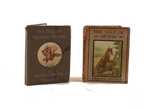 POTTER, Beatrix (1866-1943).  The Tale of Squirrel Nutkin, London, 1903, 12mo, 27 full-page coloured illustrations by Beatrix Potter (some fraying with slight loss), original boards. FIRST EDITION. With another book by the same author (defective). (2)