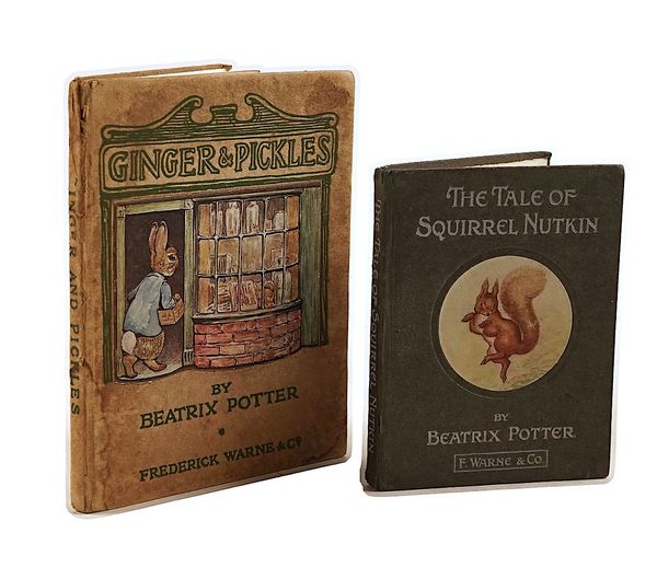 POTTER, Beatrix (1866-1943). Ginger & Pickles, London, 1909, large 8vo, 10 full-page coloured illustrations by Beatrix Potter, original boards. FIRST EDITION. With another by the same author (reprint). (2)ADDED TO LOT IN DECEMBER 2022 BOOK SALE.