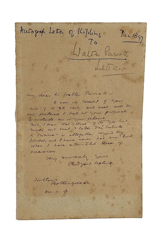KIPLING, Rudyard (1865-1936).  Three autograph letters. And another letter, unrelated. (4)
