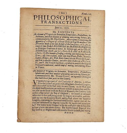VIRGINIA - Thomas GLOVER (1647-97). An Account of Virginia [from the "Philosophical Transactions of the Royal Society", London], 1676, stitched.