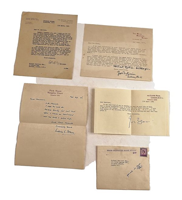 BETJEMAN, John (1906-84). 3 typed letters to Michael Harrison, signed, dated variously 1946-63; and an autograph letter to Harrison from [Capt.] William E. Johns. (4)