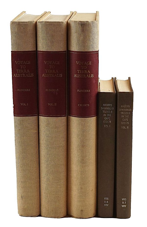 FLINDERS, Matthew (1774-1814). A Voyage to Terra Australis, Adelaide, 1966, 3 vols., charts, original tan cloth. Facsimile edition. With Anders Sparrman's A Voyage to the Cape of Good Hope (Cape Town, 1975, 2 vols.). (5)