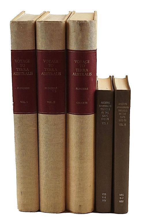FLINDERS, Matthew (1774-1814). A Voyage to Terra Australis, Adelaide, 1966, 3 vols., charts, original tan cloth. Facsimile edition. With Anders Sparrman's A Voyage to the Cape of Good Hope (Cape Town, 1975, 2 vols.). (5)