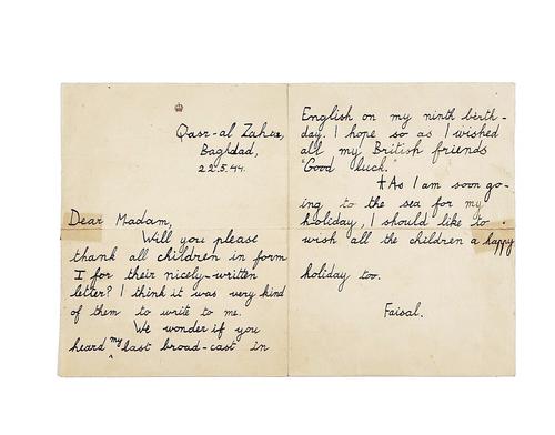 KING FAISAL II OF IRAQ (1935-1958). An autograph letter on 2 -pages, signed, dated 22.5.44. With a quantity of miscellaneous letters contained in an album. (qty)