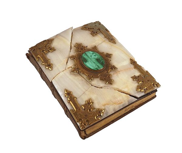 ALBUM - An unusual photograph album, 4to (292 x 240mm), the upper cover of marble with "Gothic"-style metal fitments and central malachite oval boss (marble broken).