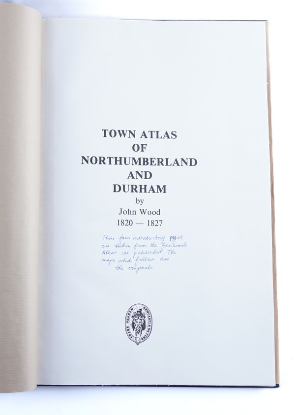 WOOD, John (d.1847, cartographer).  "Town Atlas of Northumberland and Durham." [Title on inserted leaf.] Edinburgh: John Wood, [1822-28]. Folio (570 x 382mm). 15 double-page engraved town plans, collected in a modern atlas. Please see footnote below.