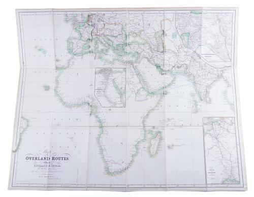 ALLEN, W. H. and Co. (publisher). Map of the Overland Routes between England & India, [London], 1842, large folding engraved map hand-coloured in outline, lower board (only) of original green cloth folder. With another map of India. (2)