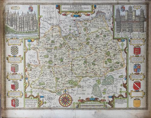 SPEED, John (1552-1629). Surrey Described, London, Bassett and Chiswell, 1610 [but 1676], hand-coloured engraved map, inset views of Richmond and Nonesuch Palaces, coats-of-arms, 385-515mm., framed and glazed.