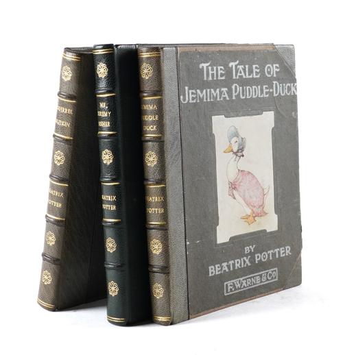 POTTER, Beatrix (1866-1943). The Tale of Squirrel Nutkin, London, [c.1909], 12mo, 27 coloured plates by Beatrix Potter, original boards rebacked and recornered in attractive morocco gilt. With 2 others by Beatrix Potter, uniformly bound. (3)
