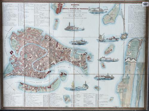 VENICE - Giambattista GARLATO. Pianta della Regia Città di Venezia e sue Isole vicine, [Venice], 1838, large hand-coloured engraved plan of Venice on 18 sections, mounted on linen, vignette views, 535 x 720mm., framed and glazed.