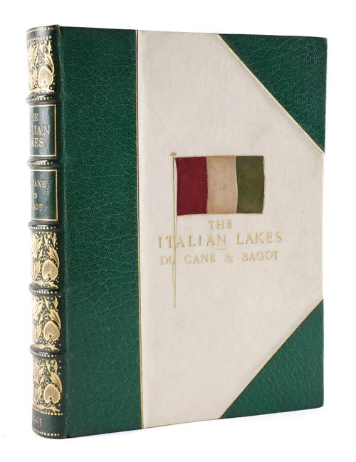 BINDING - Richard BAGOT (1860-1921). The Italian Lakes, London, 1904, 4to, coloured frontispiece and 67 plates by Ella du Cane, FINELY BOUND in green half morocco and vellum gilt with the Italian flag in coloured morocco onlays on the upper cover.