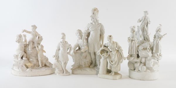 THREE CONTINENTAL BISCUIT PORCELAN GROUPS AND TWO FIGURES