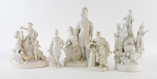 THREE CONTINENTAL BISCUIT PORCELAN GROUPS AND TWO FIGURES