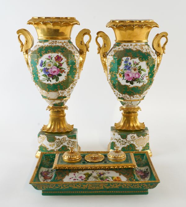 A PAIR OF PARIS PORCELAIN GREEN-GROUND TWO-HANDLED VASES AND AN INKSTAND