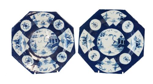 A PAIR OF SMALL BOW BLUE-GROUND OCTAGONAL PLATES (2)
