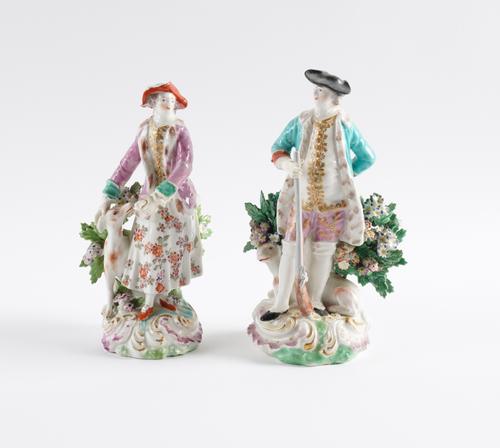 A MATCHED PAIR OF DERBY FIGURES OF A HUNTSMAN AND LADY (2)