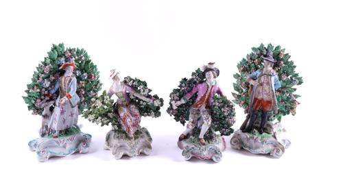 A PAIR OF DERBY PORCELAIN FIGURES OF A HUNSTMAN AND LADY