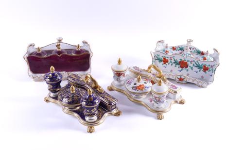 TWO DERBY PORCELAIN INKSTANDS AND TWO CHAMBERLAIN WORCESTER INKSTANDS