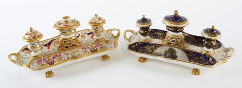 TWO DERBY PORCELAIN INKSTANDS