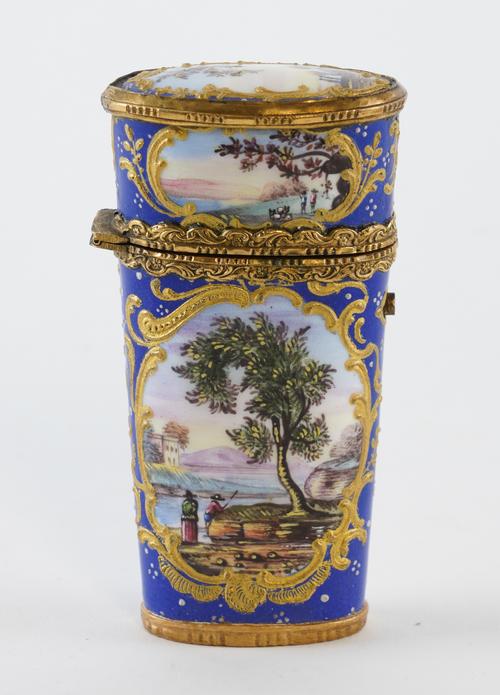 A FRENCH ENAMEL GILT-METAL MOUNTED ETUI CASE