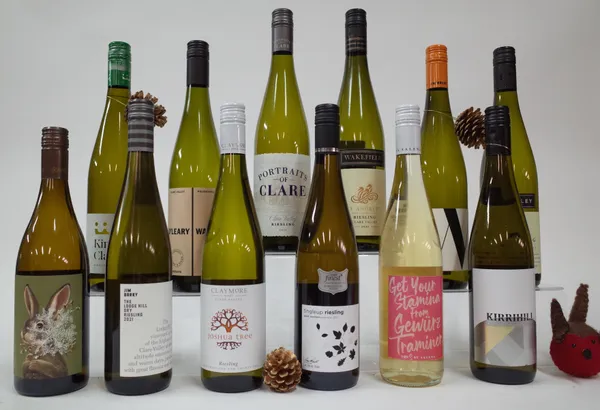 9 BOTTLES CLARE VALLEY RIESLING, 1 RIESLING,  1 CHARDONNAY AND 1 GEWURZTRAMINER