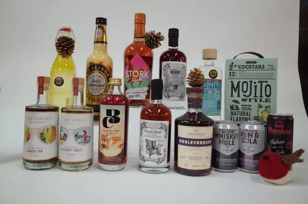 10 BOTTLES, 3 CANS AND A BOX OF PRE MIXED COCKTAILS AND LIQUEURS