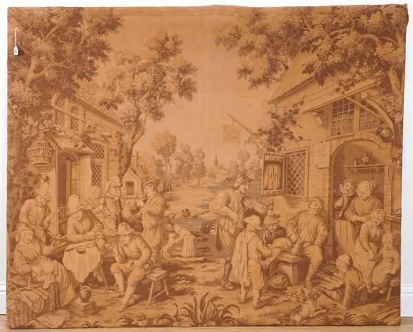 A FLEMISH STYLE TAPESTRY WALL HANGING OF A TAVERN SCENE IN THE MANNER AFTER DAVID TENIERS THE YOUNGER