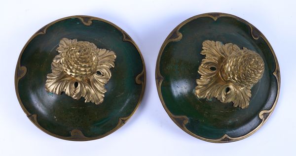 WITHDRAWN A PAIR OF GILT AND GREEN JAPANNED BRASS PINE CONE FINIALS (2)
