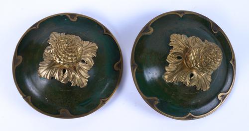 WITHDRAWN A PAIR OF GILT AND GREEN JAPANNED BRASS PINE CONE FINIALS (2)