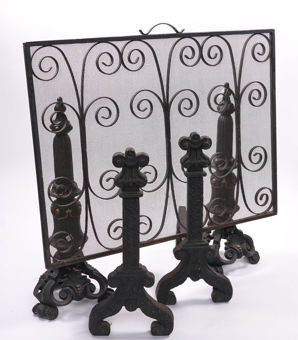 A CAST IRON FIRE SCREEN, FIRE DOGS AND A PAIR OF ANDIRONS (5)