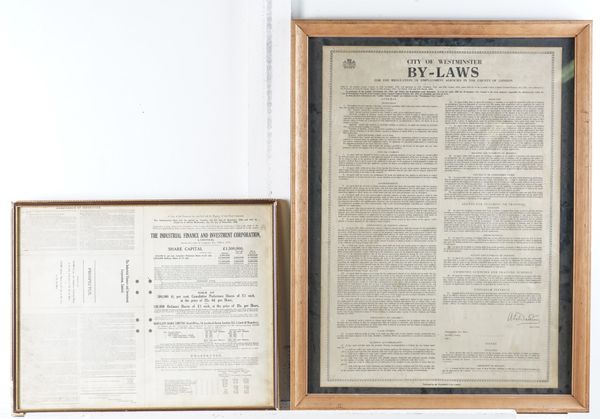A FRAMED SET OF BY-LAWS FOR THE REGULATION OF EMPLOYMENT AGENCIES IN THE COUNTY OF LONDON, TOGETHER WITH FIVE BRASS STANCHIONS (7)