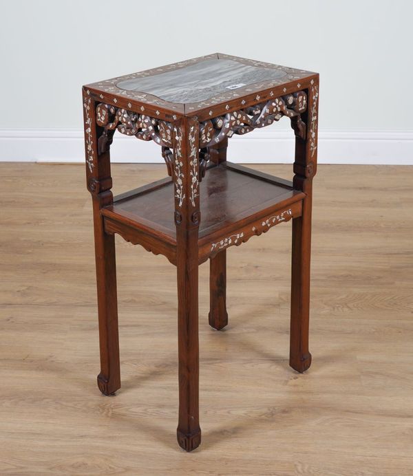 A LATE 19TH CENTURY CHINESE-EXPORT MARBLE AND MOTHER-OF-PEARL INLAID HARDWOOD RECTANGULAR TWO TIER TABLE