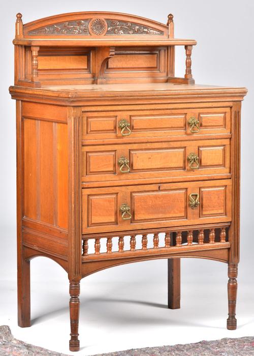A LATE VICTORIAN ARTS AND CRAFTS WALNUT AND SATINWOOD SIDE CABINET