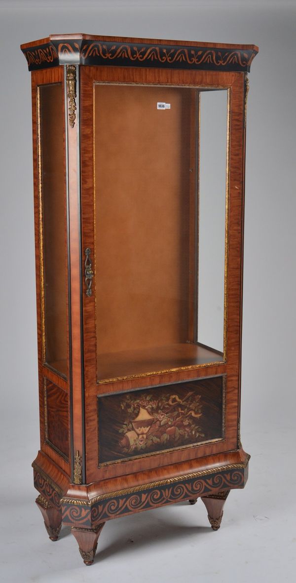 A MODERN LOUIS XVI STYLE FAUX TULIPWOOD PAINTED VITRINE