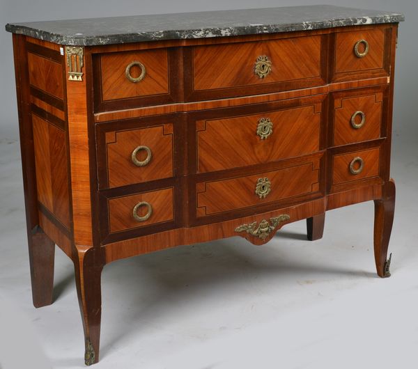 A FRENCH LOUIS XVI STYLE 19TH CENTURY TULIPWOOD AND BOIS SATINE COMMODE