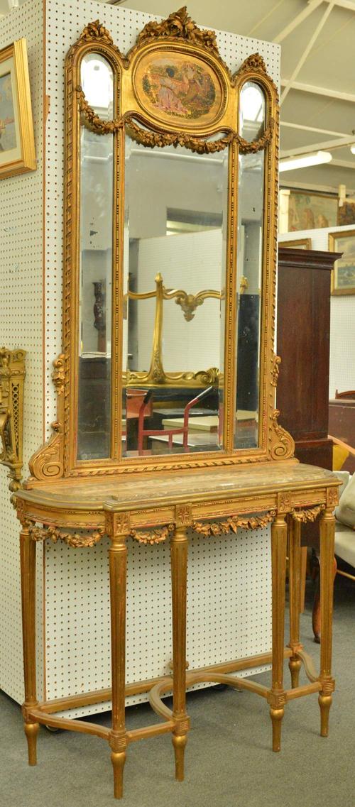 A 20TH CENTURY GILT AND MARBLE CONSOLE TABLE (2)