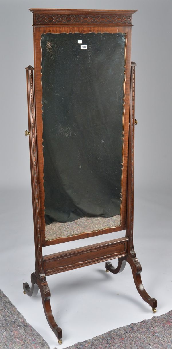 A LATE 19TH CENTURY MAHOGANY CHEVAL MIRROR