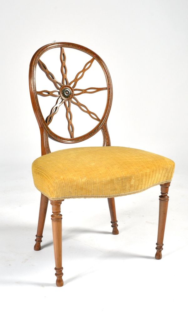 A 19TH CENTURY FLORAL POLYCHROME PAINTED OVAL BACK SIDE CHAIR