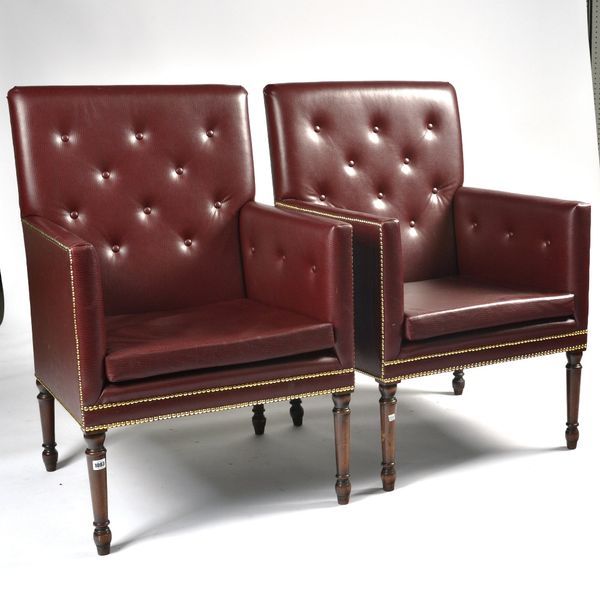 A PAIR OF REGENCY STYLE SQUARE BACK EASY ARMCHAIRS (2)