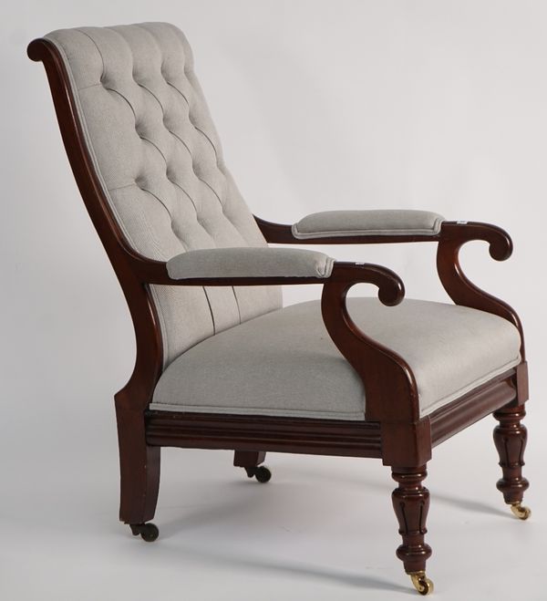 A WILLIAM IV MAHOGANY FRAMED OPEN ARMCHAIR