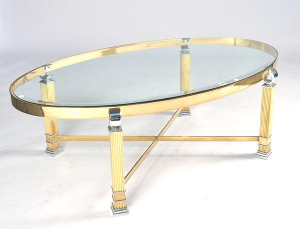 A MODERN BEVELLED OVAL GLASS AND LACQUERED BRASS COFFEE TABLE