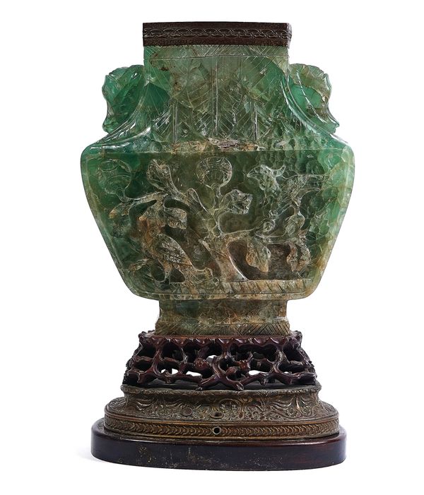 A LARGE CHINESE GREEN FLUORITE VASE ADAPTED AS A LAMP