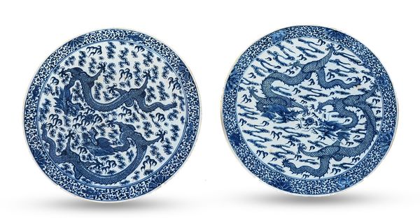 TWO SIMILAR CHINESE BLUE AND WHITE CIRCULAR PANELS