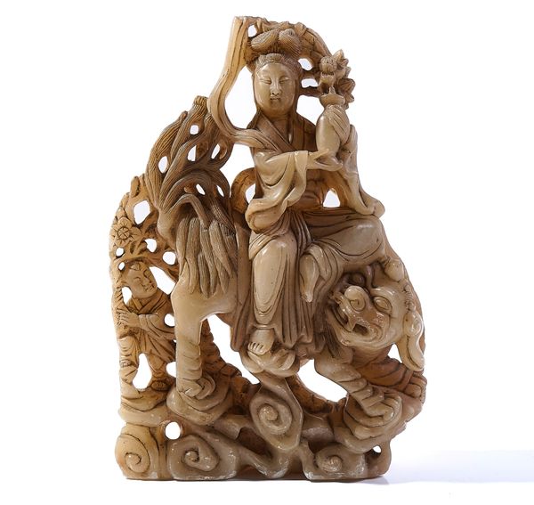 A LARGE CHINESE SOAPSTONE FIGURE OF GUANYIN