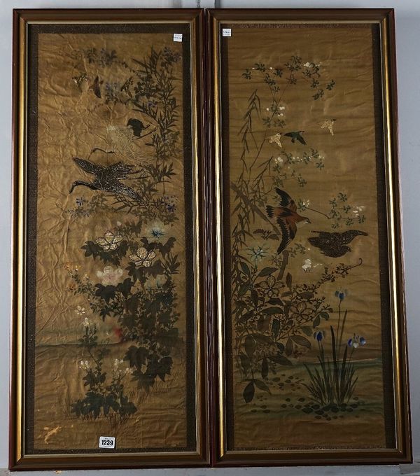 A PAIR OF JAPANESE PAINTED AND EMBROIDERED SILK PANELS (2)