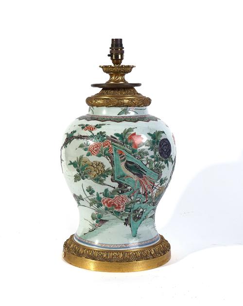 A CHINESE FAMILLE-VERTE ORMOLU- MOUNTED VASE ADAPTED AS A LAMP