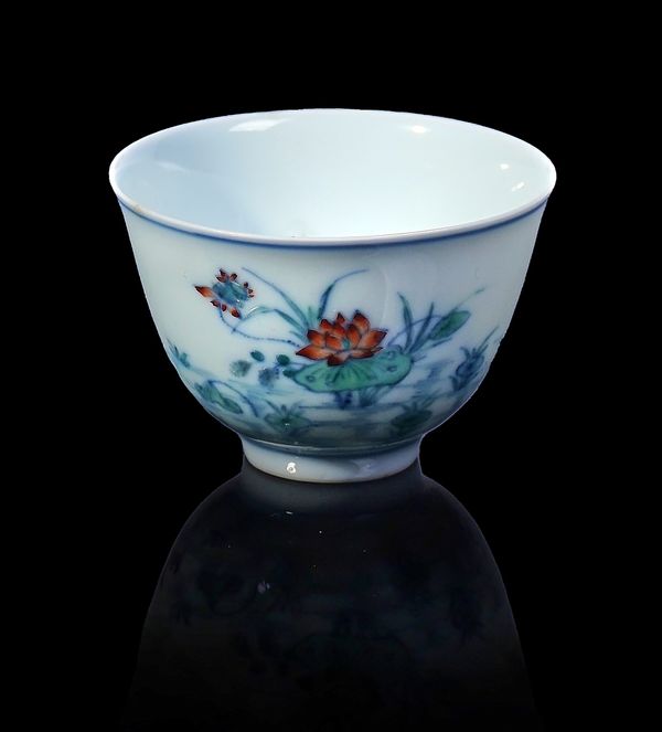 A CHINESE SMALL DOUCAI `DUCKS AND LOTUS' CUP