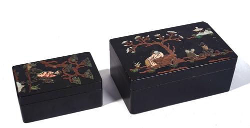 TWO CHINESE BLACK LACQUER AND INLAID RECTANGULAR BOXES AND COVERS (4)
