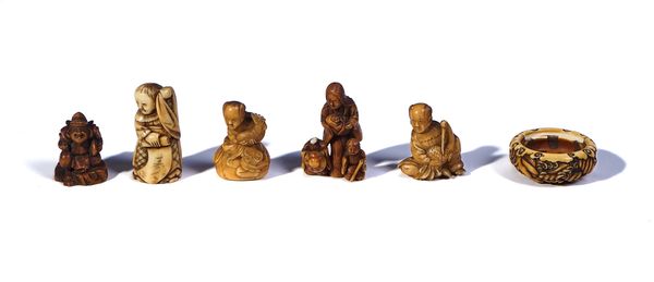 FOUR  JAPANESE IVORY NETSUKE AND TWO OTHER CARVINGS (6)